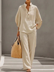 Casual Batwing Sleeve Linen And Cotton Shirt And Trousers Two-piece Set