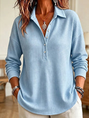 CLEARANCE SALE🔥 Women's Casual Waffle Knit Collared Henley Long Sleeve Shirt