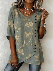 Vintage Cotton-Blend Botanical Pattern V Neck Shirt