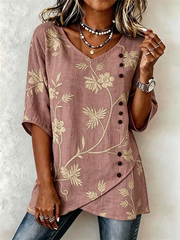 Vintage Cotton-Blend Botanical Pattern V Neck Shirt