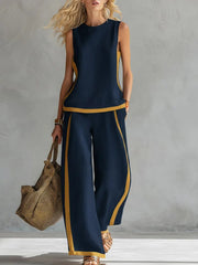 Women's Round Neck Sleeveless Casual Loose Top And High-waisted Loose Wide-leg Pants Cotton And Linen Set