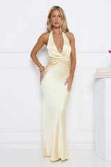 Statement Muse Satin Halter Maxi Dress Yellow