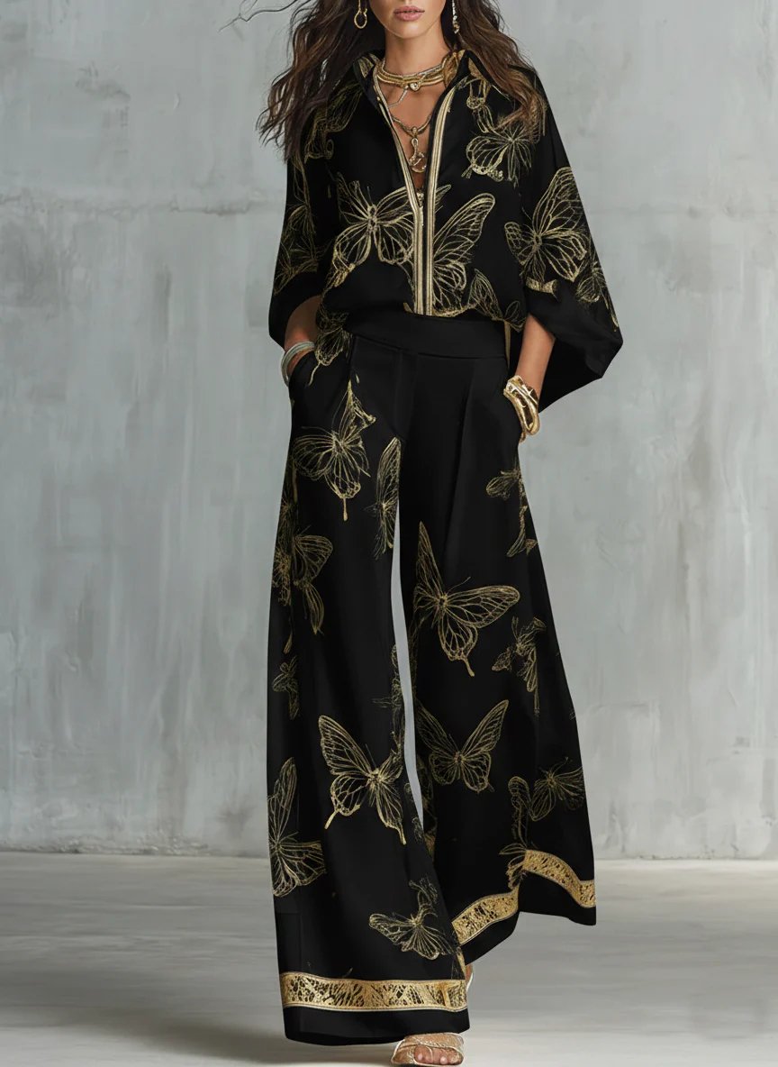 Casual Elegant Gold Butterfly Print Loose Two-piece Set