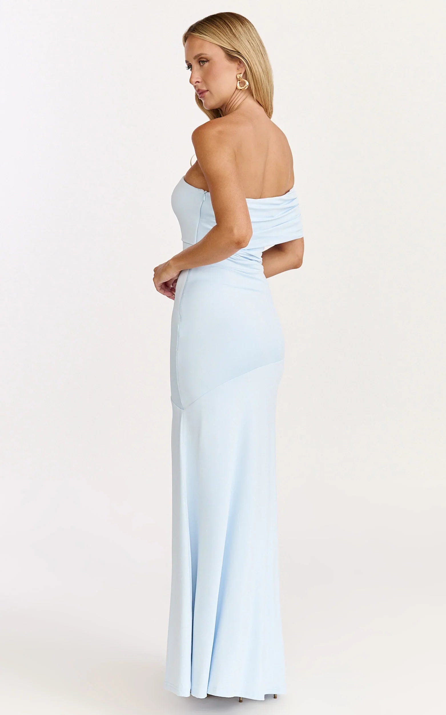 Opal Maxi Dress - Off Shoulder Gathered Bodice Fit And Flare Dress in Blue