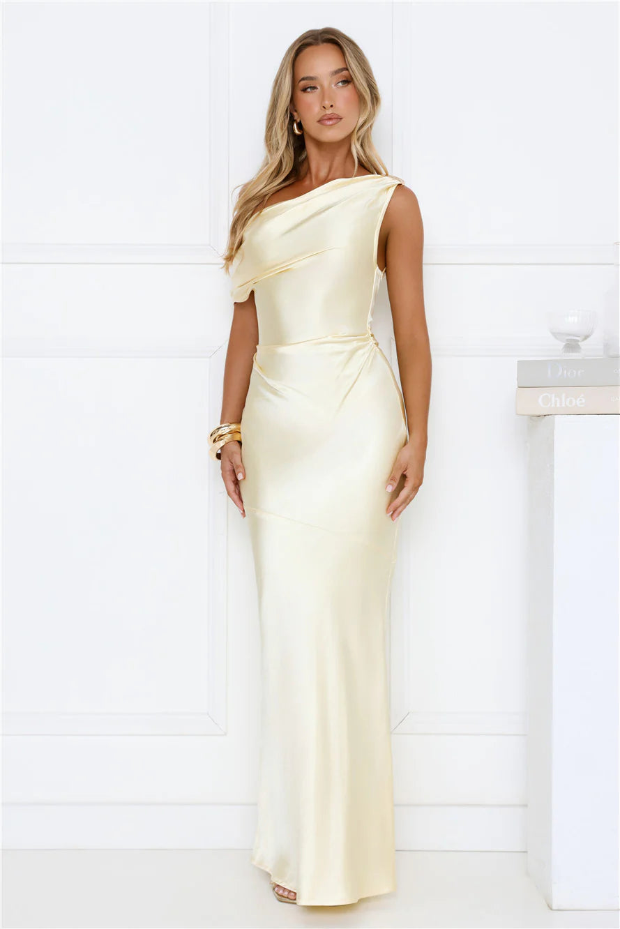 She's A Dream Satin Off Shoulder Maxi Dress Yellow