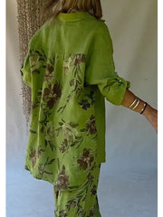 Casual Floral Print Linen And Cotton Shirt And Trousers Two-piece Set