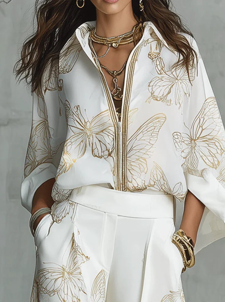Casual Elegant Gold Butterfly Print Loose Two-piece Set