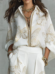 Casual Elegant Gold Butterfly Print Loose Two-piece Set