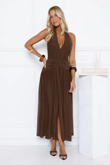 Whispered Promises Halter Mesh Maxi Dress Brown