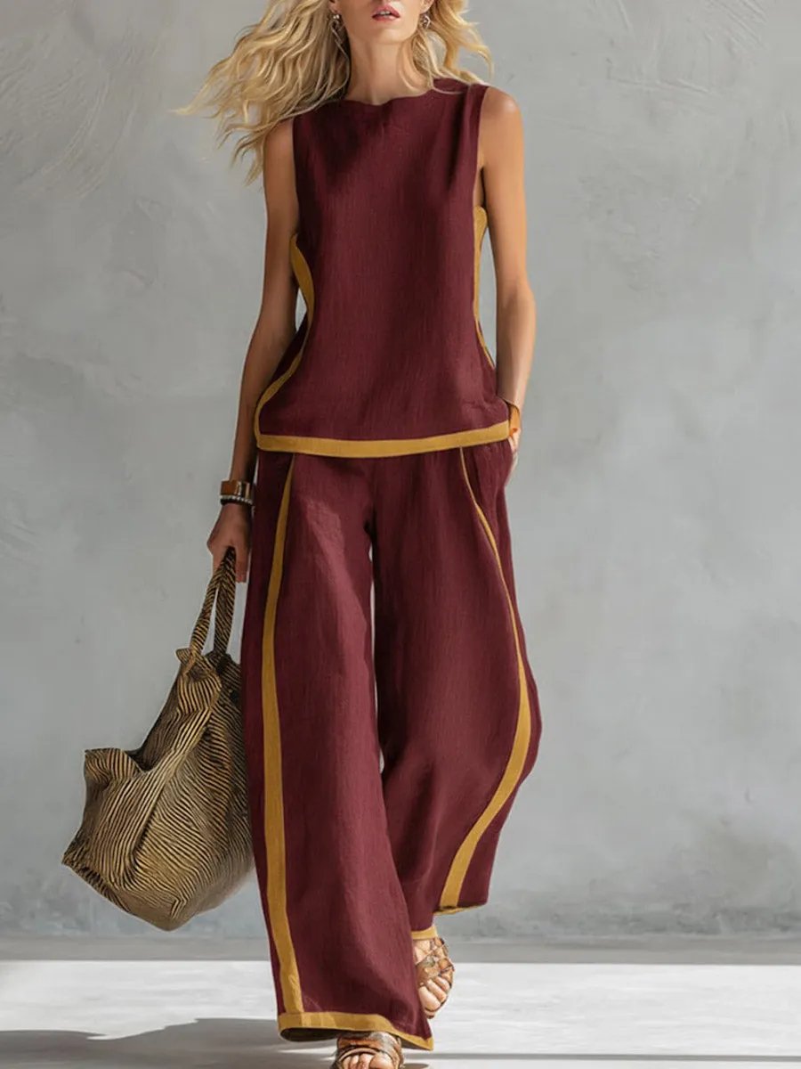 Women's Round Neck Sleeveless Casual Loose Top And High-waisted Loose Wide-leg Pants Cotton And Linen Set