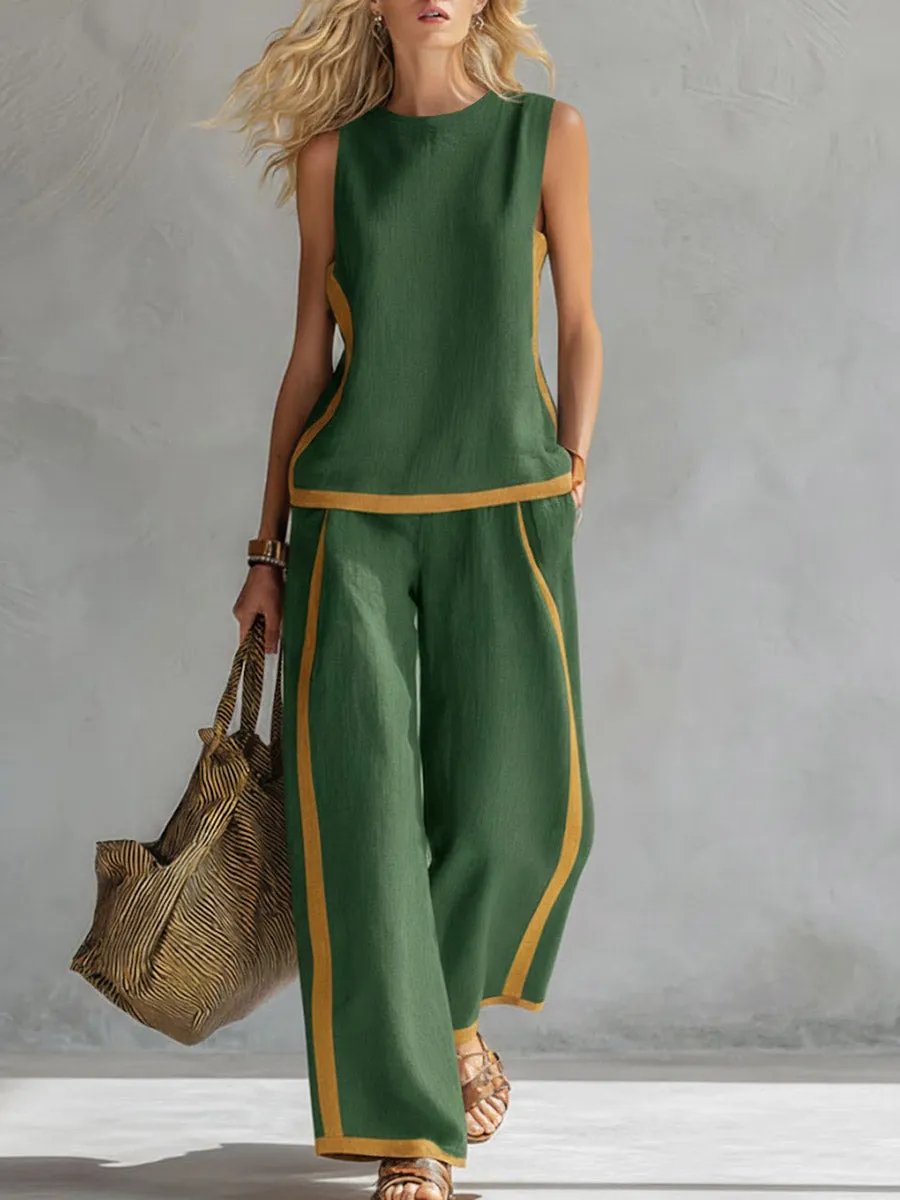 Women's Round Neck Sleeveless Casual Loose Top And High-waisted Loose Wide-leg Pants Cotton And Linen Set