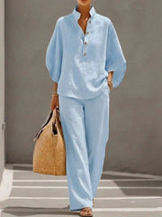 Casual Batwing Sleeve Linen And Cotton Shirt And Trousers Two-piece Set